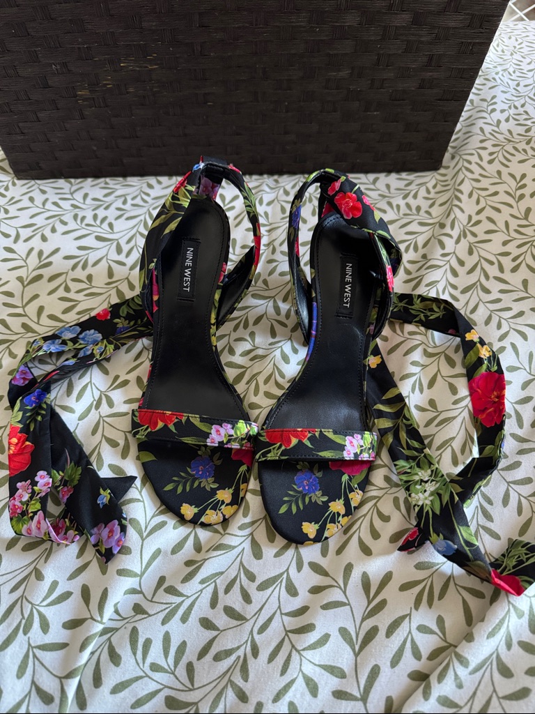 Nine West Black Floral Wrap-Heel Open Toe Heels